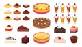 Sweet cakes, belgian, chinese waffles, muffins, brownies set. Cartoon flat style. Vector