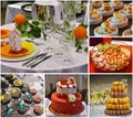 Sweet cakes and desserts, wedding party food collage, catering Royalty Free Stock Photo