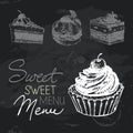 Sweet cakes hand drawn chalkboard design set. Black chalk texture