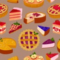 Sweet cakes and pies slices seamless pattern of cartoon vector illustration. Royalty Free Stock Photo