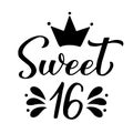 Sweet 16 calligraphy hand lettering isolated on white. 16th birthday celebration inscription. Sweet sixteen typography