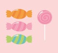 Sweet candies confectionery dessert icons pink background