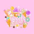 Sweet candies flat icons set in shape of circle with assorted chocolates colorful lollipops isolated vector illustration Royalty Free Stock Photo