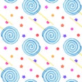 Sweet candies illustration. Watercolor candy seamless pattern. Caramel stick. Blue spiral round candy on a stick