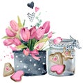 Sweet candies in jar with Pink Tulips flowers bouquet romantic watercolor illustration isolated on white background. Royalty Free Stock Photo