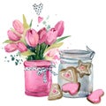 Sweet candies in jar with Pink Tulips flowers bouquet romantic watercolor illustration isolated on white background. Royalty Free Stock Photo