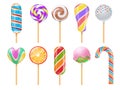 Sweet candies, sweets, caramel, rainbow lollipops, cotton candy and sucker 3d vector illustration isolated