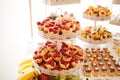 Sweet candy bar.Different delicious fruits and cakes on wedding reception table . Royalty Free Stock Photo