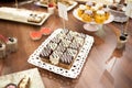 Sweet candy bar.Different delicious fruits and cakes on wedding reception table . Royalty Free Stock Photo
