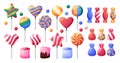 Sweet candy. Chocolate toffee, bright lollipops, bonbons and apple dragees, sugar food, colorful corn and licorice for