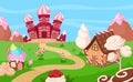 Sweet candy game location. Chocolate candies, biscuits home and dessert cartoon castle. Kids gaming background, fairy Royalty Free Stock Photo