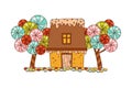 Sweet Candy House of Cookie Dough with Sugar Glaze and Lollipop Tree as Shaped Baked Confectionery Vector Illustration