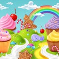 Sweet candy land, confectionery shop landscape. 3d fantasy chocolate cake, river in cupcake, dream bakery. Cute maffin