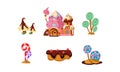 Sweet candy land, cute cartoon elements of fantasy landscape for mobile game design interface vector Illustration on a Royalty Free Stock Photo