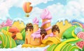 Sweet candy land. 3d vector cartoon background.