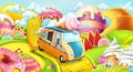 Sweet candy land. Ice cream truck. 3d vector background Royalty Free Stock Photo