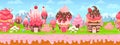 Sweet candy land seamless panorama for game background. Cartoon magic world with cake houses, pink cream and caramel