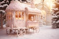 Sweet candy mobile stand. A Christmas fairyland in the middle of a snowy forest. Royalty Free Stock Photo