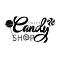 Sweet Candy Shop Logo design vector template. Lollipops Bon-bon store Logotype Concept icon. Handwritten lettering Royalty Free Stock Photo