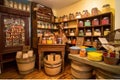 sweet and candy shop with vintage interior design including wooden crates, metal buckets and jars