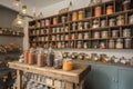 sweet and candy shop with vintage interior design including wooden crates, metal buckets and jars