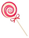 Sweet candy on stick. Realistic round swirl lollipop, striped delicious caramel, sugar kids dessert, yummy bonbon