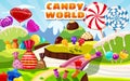 Sweet candy world fairy landscape, panorama. Sweets, candies, caramel. Cartoon game background. Vector illustration