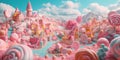 Sweet candy world fairy landscape, panorama. Sweets, candies, caramel. A magical planet where everything is made of