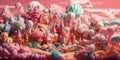 Sweet candy world fairy landscape, panorama. Sweets, candies, caramel. A magical planet where everything is made of