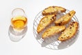 Sweet cantuccini biscuits and sweet wine. Homemade Italian biscotti cookies Royalty Free Stock Photo