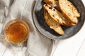 Sweet cantuccini biscuits and sweet wine. Homemade Italian biscotti cookies Royalty Free Stock Photo