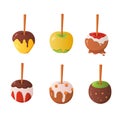 Sweet caramel and chocolate candy apple set. Vector illustration in cartoon style.