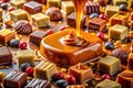 Sweet caramel delight a delectable array of assorted chocolates and candies bathed in rich, flowing caramel, creating a visually Royalty Free Stock Photo