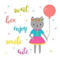 Sweet card for little princess. Funny postcard for girl. Cute kitty