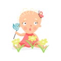 Sweet cartoon baby girl sitting on the meadow with yellow flowers with butterfly net colorful character vector Royalty Free Stock Photo