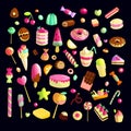 Sweet cartoon candy set. Collection of sweets, cartoon style. Jelly, candy, cakes, sweet donut and marmelade. Huge set Royalty Free Stock Photo