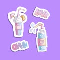 Sweet cartoon cocktails, vector sticker illustration. Blue and pink sweet cocktails with sweet foam, words love and ohh