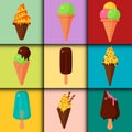 Sweet cartoon cold ice cream cards set tasty frozen icecream collection vector delicious colorful desserts Royalty Free Stock Photo