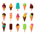 Sweet cartoon cold ice cream set and tasty frozen icecream collection vector delicious colorful desserts Royalty Free Stock Photo