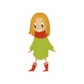 Sweet cartoon girl character in green coat and red scarf, cute kid in fashionable clothes vector Illustration on a white