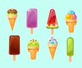 Sweet cartoon ice cream set isolated on blue background. Vector colorful ice cream for cafe menu, invitations, summer prints etc Royalty Free Stock Photo