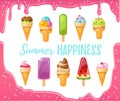 Sweet cartoon ice cream set with melted pink background. Vector colorful ice creams with inspirational inscription