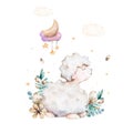 Sweet cartoon baby sheep with stars and butterfly. Watercolor hand drawn cartoon illustration on white isolated background