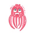 Sweet cartoon thoughtful pink octopus character, funny ocean coral reef animal vector Illustration
