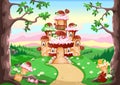 Candy land with a sweet castle decorated with cream and chocolate