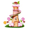 Sweet castle with a cream-colored roof and a piece of candy