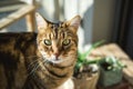 Sweet cat looking at screen next to plants. Royalty Free Stock Photo