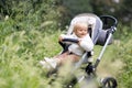 Sweet caucasian baby girl one year old sitting in stroller outdoors at autumn. Little child in pram. Infant kid sits in