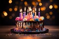 Sweet celebration Birthday cake with pie, handmade, bright candles