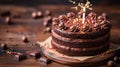 Sweet Celebration: A Birthday Chocolate Cake with Sparkling Candle on Wooden Table Royalty Free Stock Photo